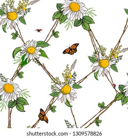 Romantic flower pattern with floral elements + Camomile and butterfly texture for season spring nd summer design