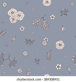 Romantic flower seamless pattern. Light pink, brown, violet background.
