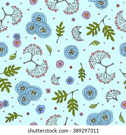 Romantic flower seamless pattern. Pink, blue, violet, green, black, light blue background.