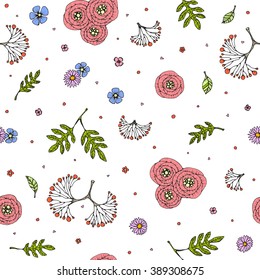 Romantic flower seamless pattern. Red, pink, blue, violet, green, black, white background.