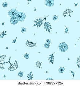 Romantic flower seamless pattern. Sky blue, blue, light blue background.