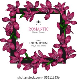 Romantic flower square frame. Botanical illustration with alstroemeria in pink colors