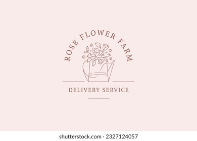 Romantic flowers blossom in watering can pot minimal line logo design template floral delivery service vector illustration. Elegant floristic composition natural bloom emblem boutique shop store