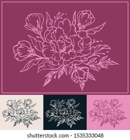 Romantic flowers. A bouquet of peonies. Print. Graphic drawing of plants.