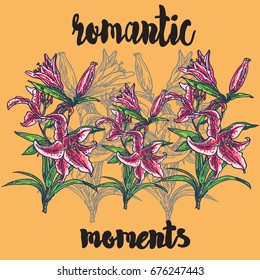 romantic flowers. Color ,graphic, vector illustration with lettering for salon decor, design