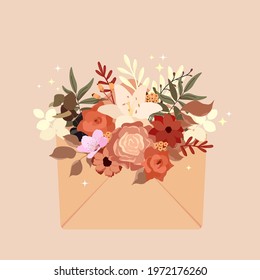 Romantic flowers in an envelope. Bouquet of flower arrangements for wedding, mother's day, valentine, birthday and party. Vector illustration
