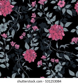 Romantic flowers with foliage pattern on a black background. Vector.