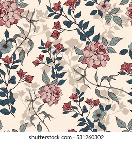 Romantic flowers with foliage pattern on a beige background. Vector.