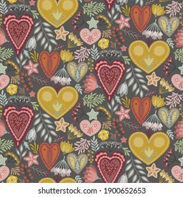 Romantic flowers, heart seamless pattern. Cute doodle graphic. Hand drawn elements. Vector printable collection of Valentine's Day card, invitation, poster template design.