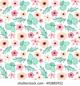 Romantic Flowers with Light Blue Leaves Seamless Floral Pattern