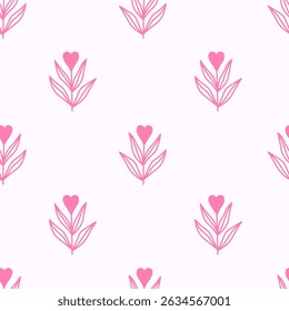 Romantic Flowers Pink Seamless Pattern. Wedding floral background with heart shapes and leaves. Simple love line repeat vector illustration