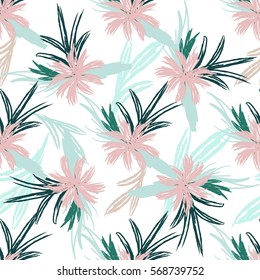 Romantic Flowers Seamless Pattern. Hand drawn brush hipster print  in vector