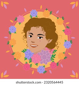 Romantic flowery curly girl composition surrounded by flower