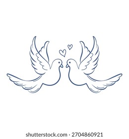 Pombas voadoras românticas com corações. Dois pássaros com coração. Desenho de linha.