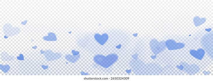 Romantic flying hearts effect on white background, abstract bokeh in the form of hearts, delicate background for Valentine's Day, defocused heart effect for design, banner, vector png.