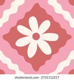 Romântico Folk Flower Padrão Sem Costura. Flor central de fundo decorativo fluido com tons rosa macio e simetria ornamental. Formas abstratas. Repetir ilustração vetorial