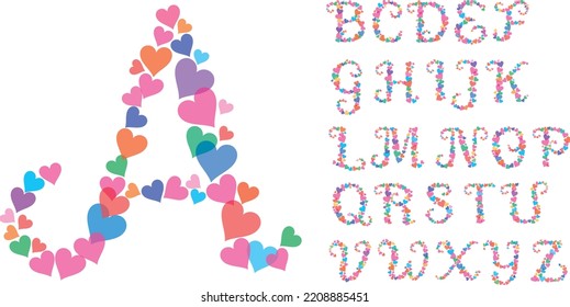 Romantic font with heart decor. Cute alphabet for banners, invitations, Valentine's Day greetings
