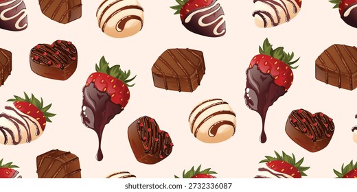 Romantische Foodie nahtloses Muster Hintergrund mit getauchten Erdbeeren und sortierten Schokolade Bonbons Trüffeln für Valentinstag Sweet Shop Dekor und Bäckerei Verpackung