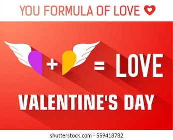 Romantic formula flat template with inscription and colorful wings pair on red background vector illustration