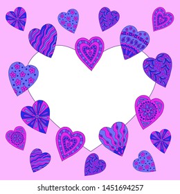Romantic frame of abstract neon doodle hearts on pink background