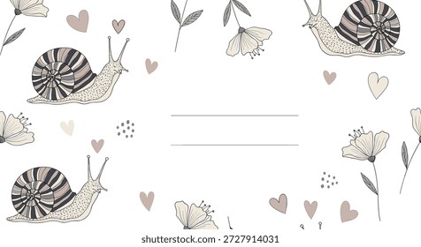 Diseño de marco romántico con caracoles detallados, corazones suaves y flores en flor alrededor de un espacio central para texto personalizado o invitaciones.