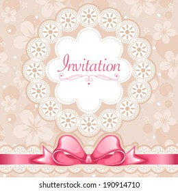 Romantic frame design with pink bow for invitation, greeting or announcement