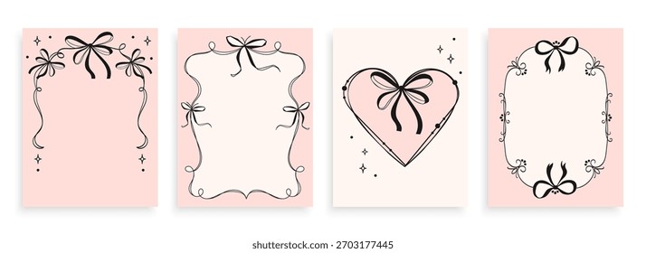 Diseños de marco romántico con lazos y cintas en estilo dibujado a mano. Plantillas de tarjetas con arcos, corazones, marcos elegantes para invitaciones, día de San Valentín, tarjetas de felicitación, cubiertas y embalaje. Vector