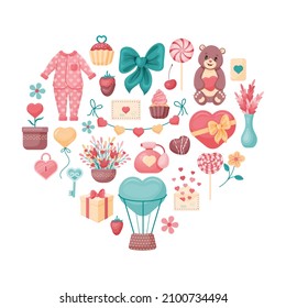 romantic frame. Heart from cute elements. Pajamas, cake, lollipop, key, heart, letters. cartoon style. Vector illustration. Isolated on white.