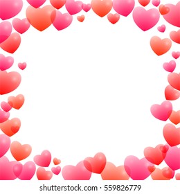 Romantic frame with hearts of different sizes scattered and several shades of red on a white background. Valentine's Day. Holiday greeting card. Vector illustration