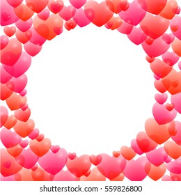 Romantic frame with hearts of different sizes scattered and several shades of red on a white background forming a blank circle. Valentine's Day. Holiday greeting card. Vector illustration.