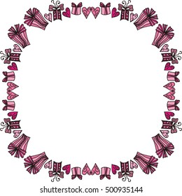 Romantic frame of hearts and gifts. Vector illustration.