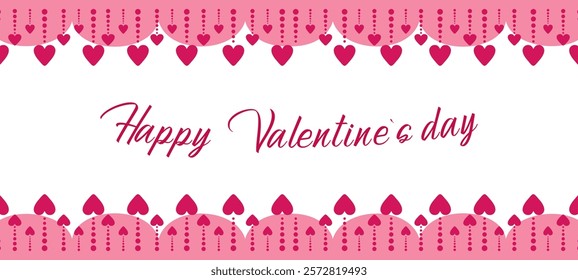 Romantic frame of hearts. Valentine's day background. frame of row of red hearts. Horizontal top and bottom edging, border for love design illustration