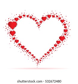 Romantic frame with paper cut red hearts and confetti on white background. Vector illustration.
