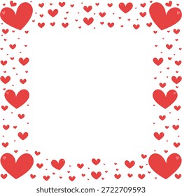 Marco romántico con corazones rojos de diferentes tamaños sobre un fondo blanco. Marco cuadrado de amor y romance para tarjetas de felicitación, invitaciones y redes sociales. Marco decorativo para el día de San Valentín con lindos corazones voladores rojos.