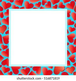 Romantic frame with  red hearts on a blue background. Red hearts on blue picture frame.