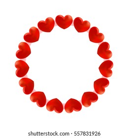Romantic frame ring of red hearts with white blank space for your text and images. Design element for Valentines day holiday greeting card.