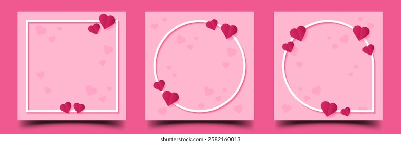 Romantic frame square banner collection. Paper art love decoration.