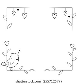 Romantic frame template for Valentine's Day or wedding party theme. Songbird and hearts. Outline frame for invitation card, celebration and holidays