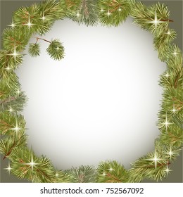 Romantic frame, wreath of Christmas tree branches with shining stars, painted in vector, pine and spruce, on gradient background   