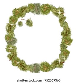 Romantic frame, wreath of Christmas tree branches with shining stars, painted in vector, pine and spruce, isolated on a white background