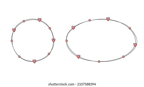 Romantische Rahmen mit handgezeichneten Herzen. Runder und ovaler Rahmen. Valentinstag. Liebeskonzept. Vektorgrafik