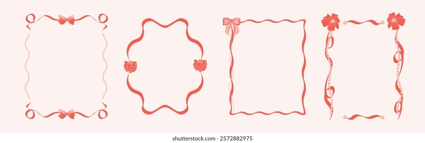 Romantic freehand drawing frames with bows and pearls. Pink Bows, pearl beads, ribbons. Elegant Coquette template for greeting cards, weddings, birthdays, invitations. A place to copy.