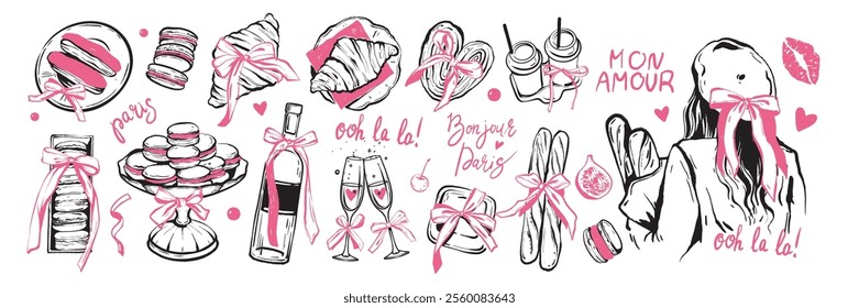 Romantic French eatery doodle set, vector Valentine day Paris date objects, wine bottle, glass, kiss. Coquettish dessert croissant hand drawn illustration, woman with baguette. French food doodle kit