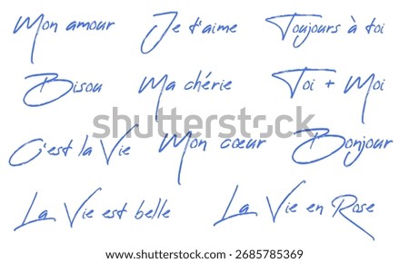 Romantic french words of affection and greetings in elegant calligraphy. Mon amour, Ma cherie, Je t'aime and other popular phrases. Hand drawn lettering set isolated on white background.