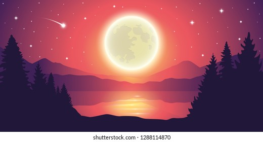 romantic full moon and falling stars by the lake landscape vector illustration EPS10