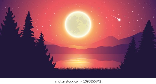 romantic full moon and falling stars by the lake landscape vector illustration EPS10