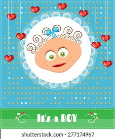 Romantic, funny, dotted, blue, baby shower, card with text Its a boy, smiling, cute boy with brown, curly hair, hanging red hearts, retro design