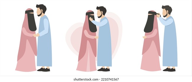 Romantic  And Funny Husband And Wife Muslim Couple. Happy With Love Vector