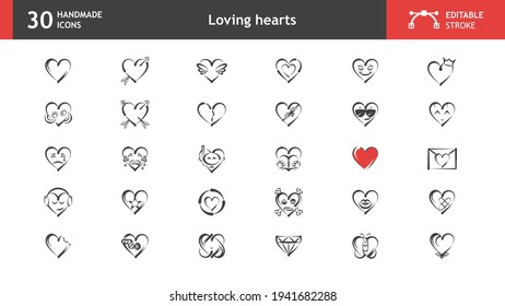 Romantic and funny loving heart icons. Broken, sad, happy, with arrows, etc. 30 handmade icons, vector images, with editable stroke. Ready to be used in any design project.