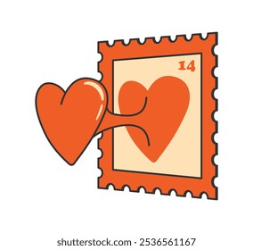 Romantic funny sticker, cool hand drawn cartoon postage stamp with heart, love in trendy retro Groovy, Y2K style for Valentine's Day. Isolated colored labels. Flat Vector EPS10